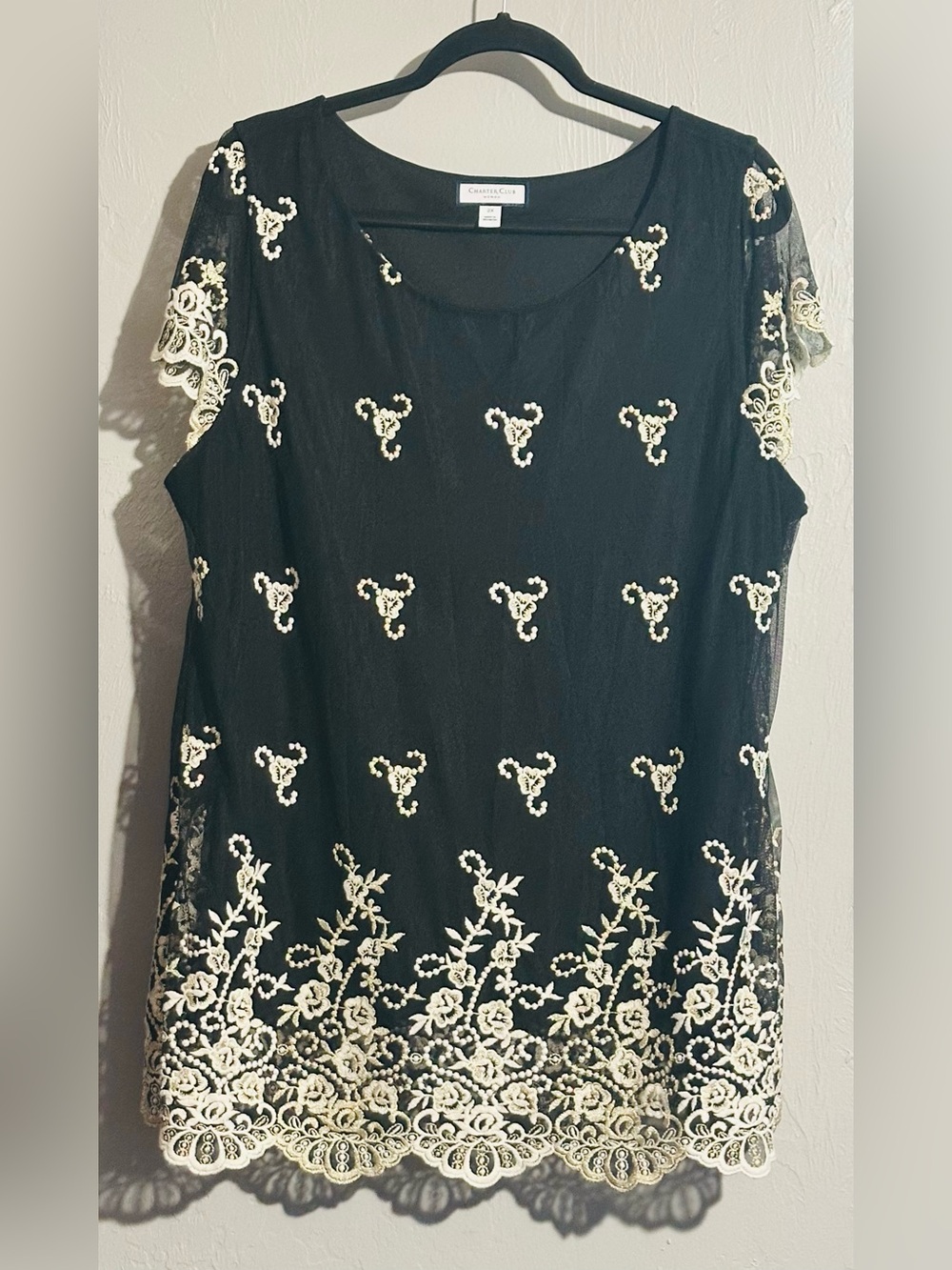 Charter Club Black Tunic with Ivory Floral Lace Embroidered Old Money, 2X